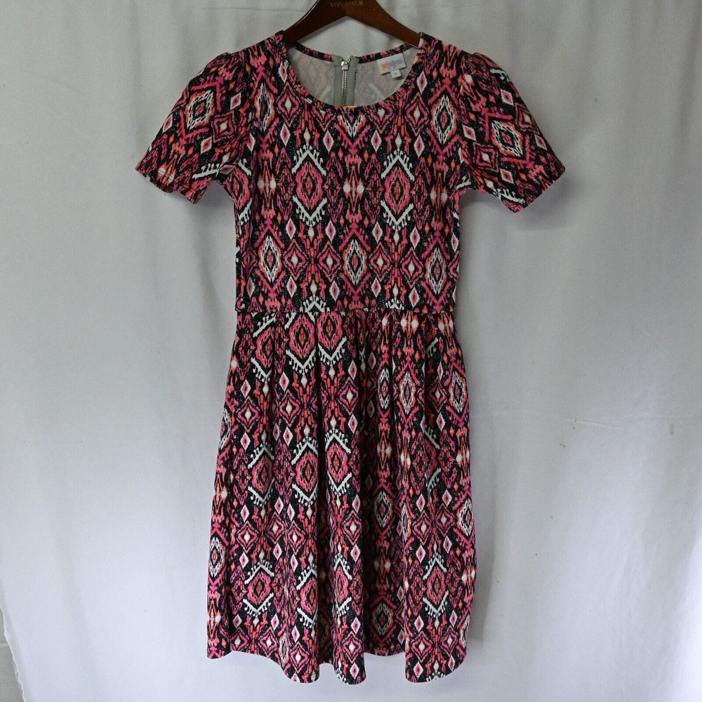 Lularoe Amelia Small Pink Blue White Geometric Back Zip S/S‎ Pleated Dress